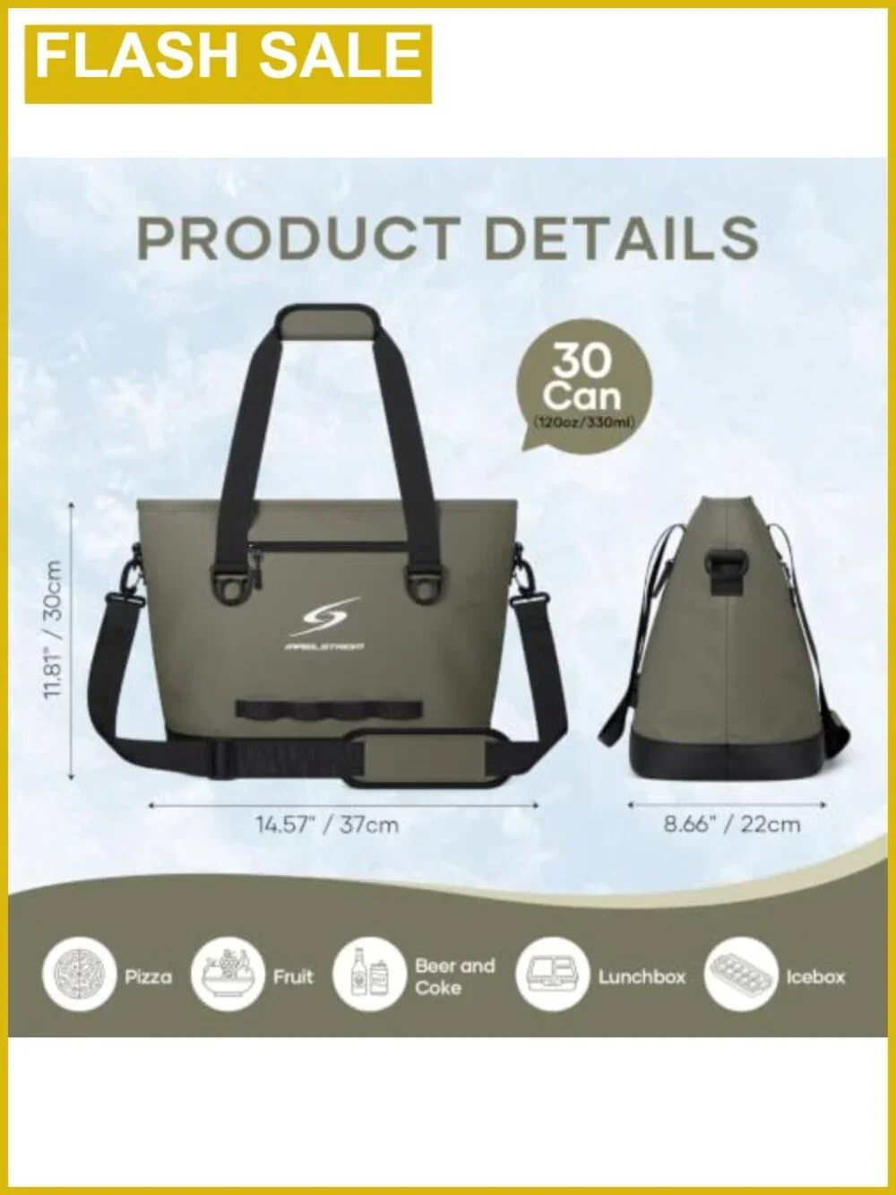 30 Can Insulated Cooler Bag Leakproof Soft Ice Chest 16H Cold Tote